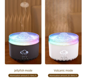 Yminigo V76B black and white volcano humidifiers showing jellyfish mode and volcanic mode with different atomization amounts