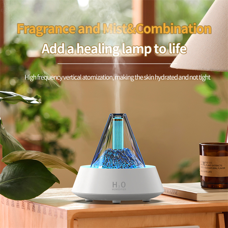 Yminigo white volcanic humidifier with blue light providing high-frequency vertical atomization