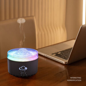 Yminigo V76B black volcano humidifier with 300ml capacity emitting a jellyfish smoke ring on a desk
