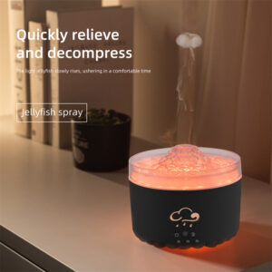 Yminigo V76B black volcano humidifier with jellyfish spray and warm orange lighting for decompression