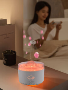 Yminigo V76B white volcano humidifier with warm colorful lighting and jellyfish smoke rings