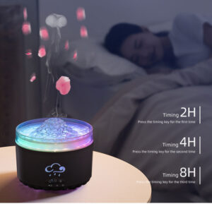 Yminigo V76B black volcano humidifier showing 2H, 4H, and 8H timer settings while a woman sleeps