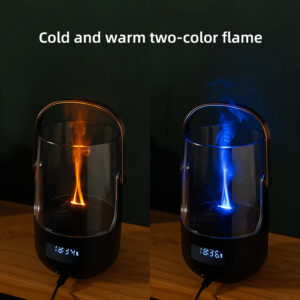 Yminigo retro humidifier displaying cold blue and warm orange two-color flame effects