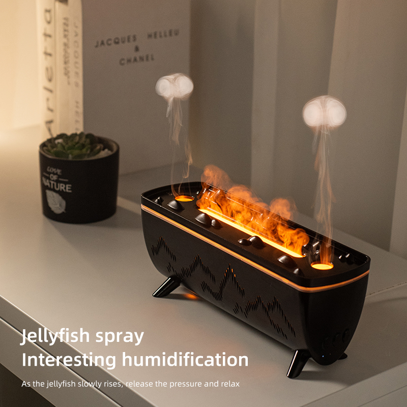 Yminigo V72 black Yuanshan humidifier showing jellyfish spray smoke rings and simulated flames