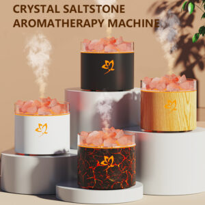 Yminigo C03 crystal saltstone humidifier in white, black, wood grain, and crackle finishes