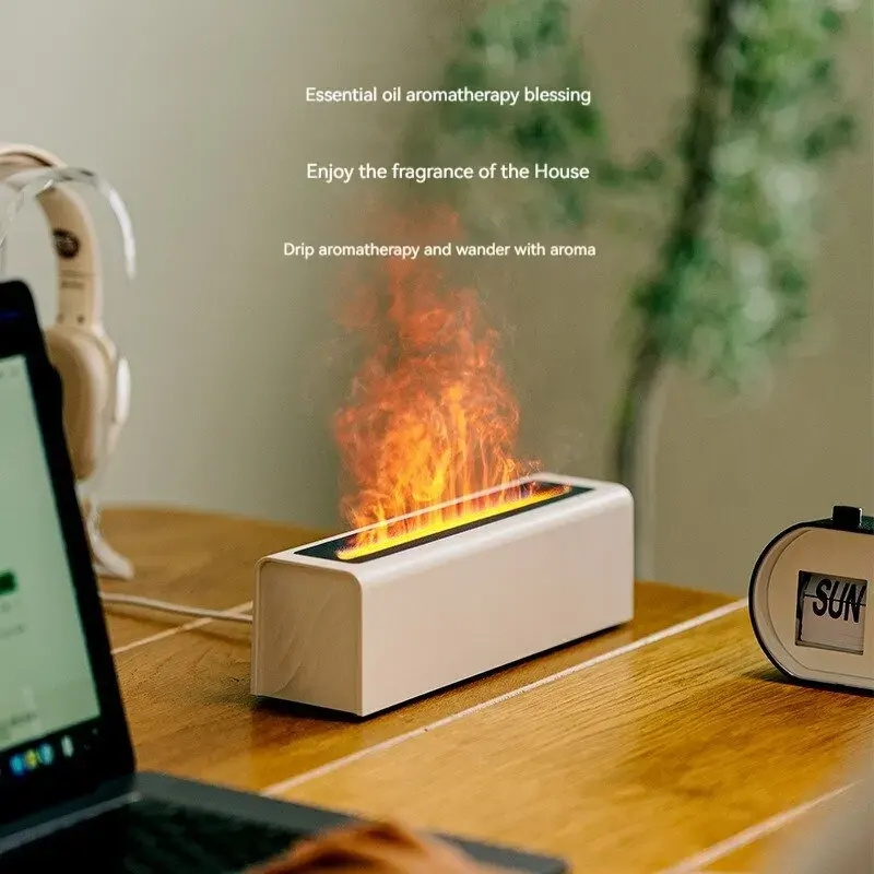Yminigo DQ711 white 3D flame aroma diffuser emitting mist for essential oil aromatherapy on a desk