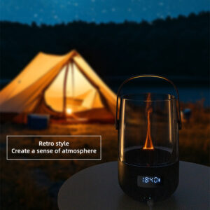 Yminigo retro flame aroma diffuser on a table with a glowing tent in the background
