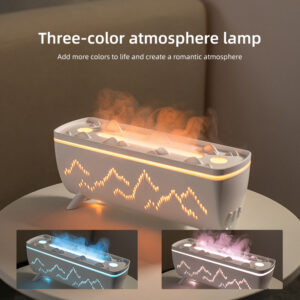 Yminigo V72 three-color atmosphere lamp showing warm orange, blue, and pink flame effects