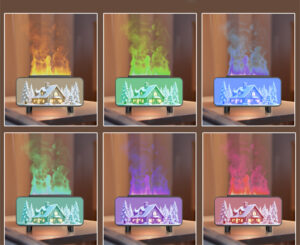Yminigo LA-0659 aroma humidifier with 6 colorful flame and winter cabin scene options